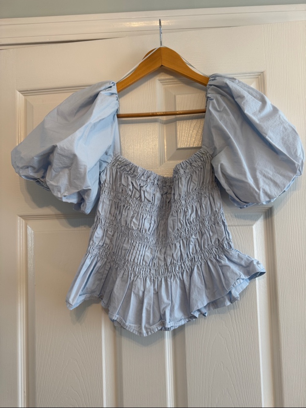 Astr Light Blue Puff Sleeve Smocked Peplum Blouse